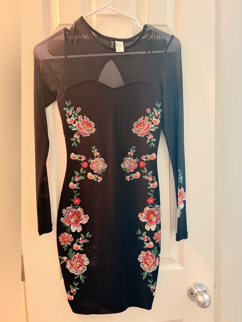 H&M Divided Black Floral Embroidered Mesh Long-Sleeve Dress